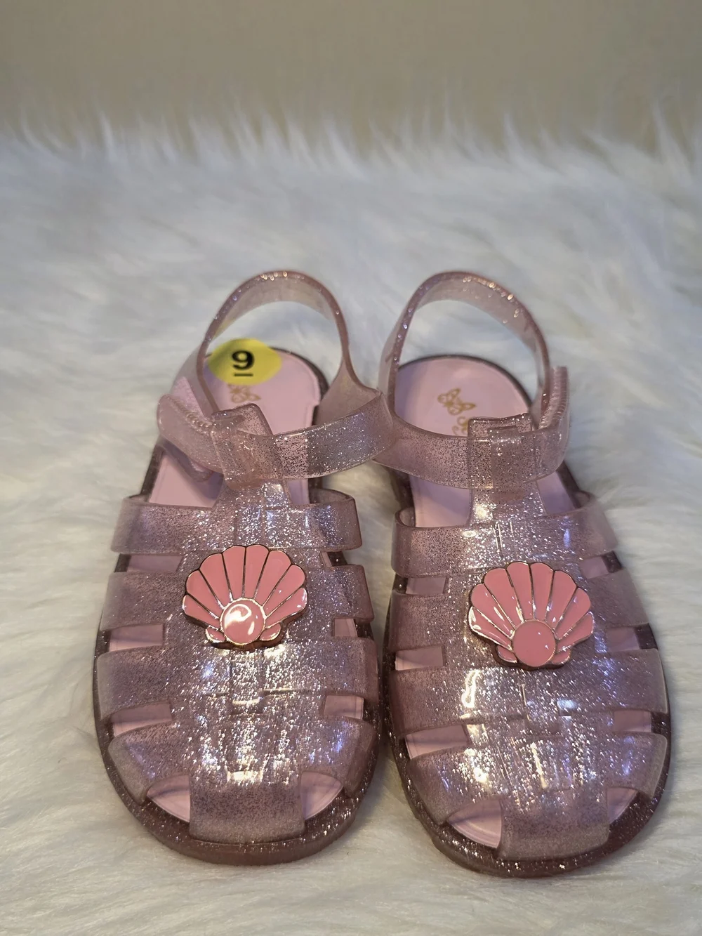 Self Esteem Glitter Pink Jelly Sandals with Shell Charm